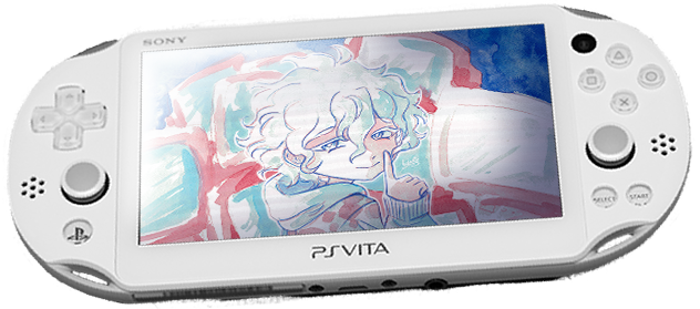 a button to view my danganronpa fanart, styled after a ps vita with an image of a painting inside.