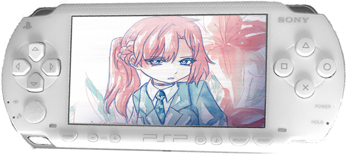 a button to view my other fanart, styled after a psp with an image of a painting inside.