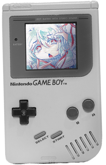 a button to view my original art, styled after a gameboy with an image of a painting inside.