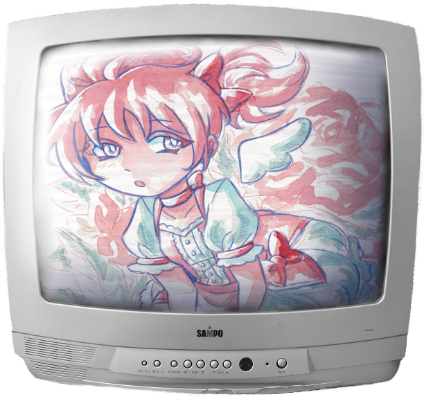 a button to view my puella magi fanart, styled after a tv with an image of a painting inside.